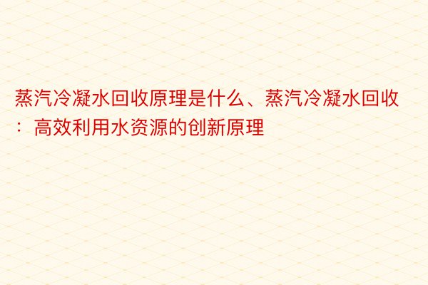 蒸汽冷凝水回收原理是什么、蒸汽冷凝水回收：高效利用水资源的创新原理